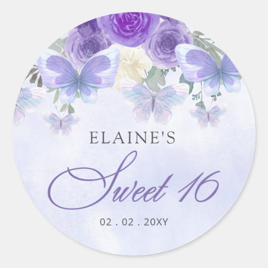 Rustieke Bloemen Paarse Lila Vlinders Zoet 16 Ronde Sticker (Voorkant)