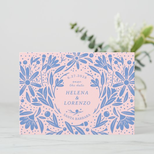 Rustieke bloemen Periwinkle roze Save The Date (Staand voorkant)