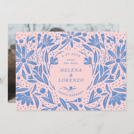 Rustieke bloemen Periwinkle roze Save The Date (Voorkant / Achterkant)