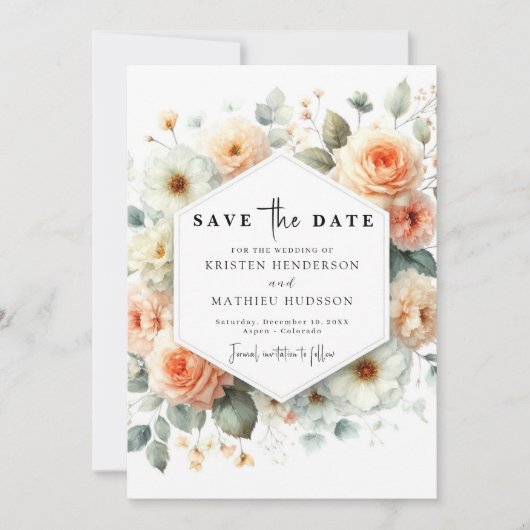 Rustieke bloemen perzik bruiloft save the date (Voorkant)
