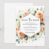 Rustieke bloemen perzik bruiloft save the date (Voorkant / Achterkant)