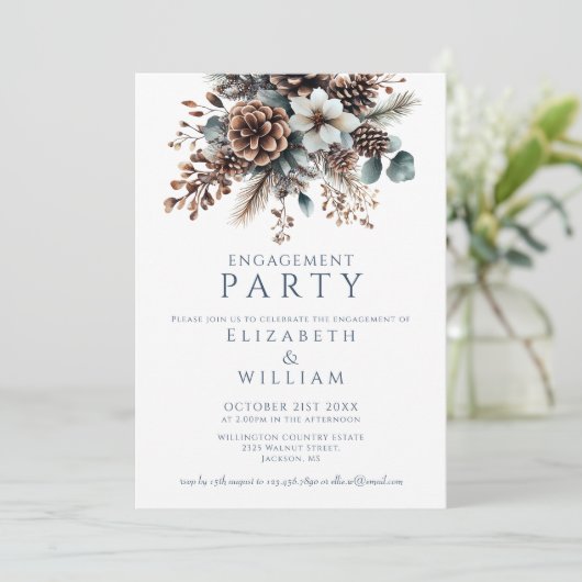 Rustieke Bloemen Pinecone Engagement Party Foto Kaart (Staand voorkant)