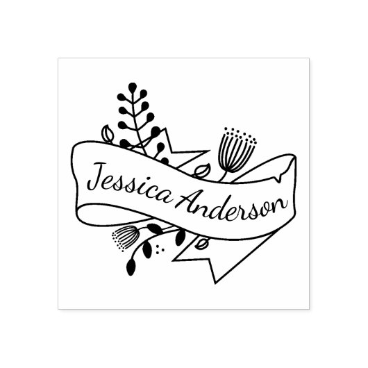 Rustieke Bloemen Ribbon Badge Gepersonaliseerde Na Rubberstempel (Afrduk)