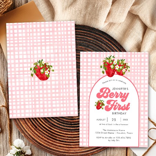 Rustieke Bloemen Rode Aardbei Berry Eerste Verjaar Kaart