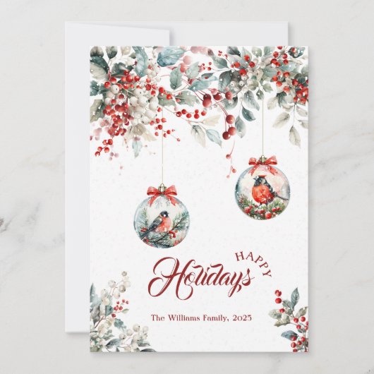 Rustieke Bloemen Rode Bullfinch Vogel Sneeuw Kerst Feestdagenkaart (Voorkant)