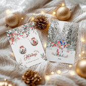 Rustieke Bloemen Rode Bullfinch Vogel Sneeuw Kerst Feestdagenkaart