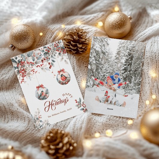 Rustieke Bloemen Rode Bullfinch Vogel Sneeuw Kerst Feestdagenkaart