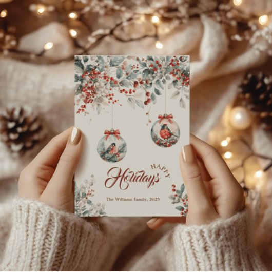 Rustieke Bloemen Rode Bullfinch Vogel Sneeuw Kerst Feestdagenkaart