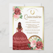 Rustieke Bloemen Rode Jurk Charro Goud Quinceanera Kaart (Voorkant)
