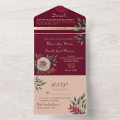Rustieke Bloemen Roze en Bourgondische bruiloft All In One Uitnodiging (Binnen)