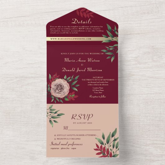 Rustieke Bloemen Roze en Bourgondische bruiloft All In One Uitnodiging (Binnen)