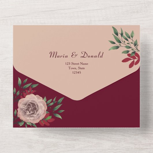 Rustieke Bloemen Roze en Bourgondische bruiloft All In One Uitnodiging (Achterkant)