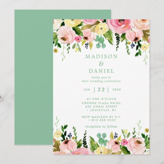Rustieke Bloemen Roze en Mint Green Wedding Kaart (Voorkant / Achterkant)