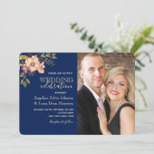 Rustieke Bloemen Roze Marine Blauwe Foto Huwelijk Kaart (Staand voorkant)