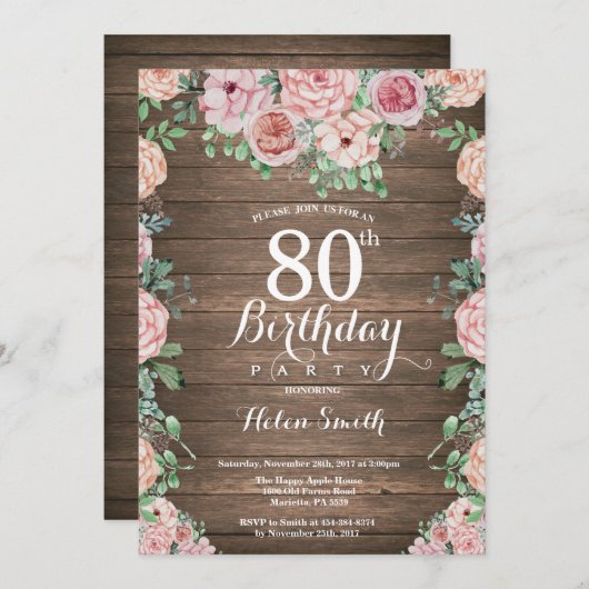 Rustieke Bloemen Roze pioenen 80ste verjaardag Kaart (Voorkant / Achterkant)