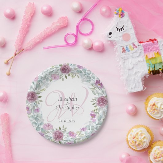 Rustieke Bloemen Roze & Wit Waterverf bruiloft Papieren Bordje (Feest)