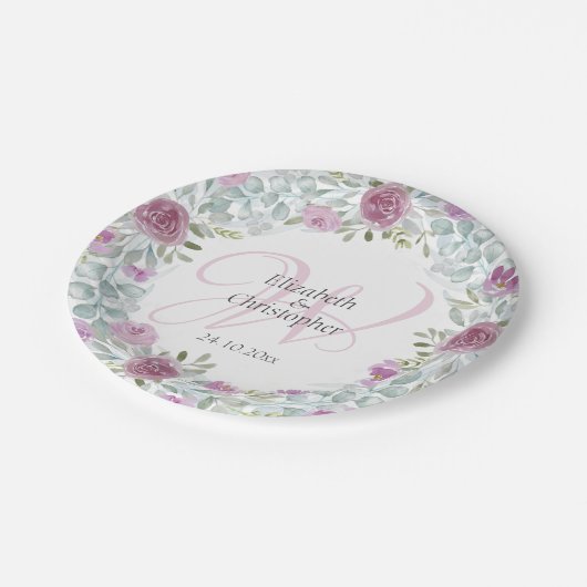 Rustieke Bloemen Roze & Wit Waterverf bruiloft Papieren Bordje (Gekanteld)