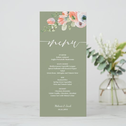 Rustieke Bloemen Sage Green Flat bruiloft Menu (Staand voorkant)