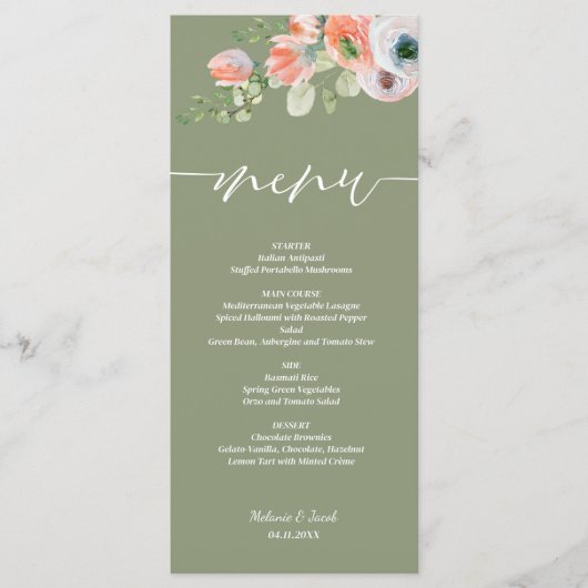 Rustieke Bloemen Sage Green Flat bruiloft Menu (Voorkant)