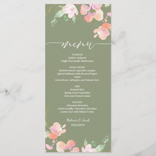 Rustieke Bloemen Sage Green Flat bruiloft Menu (Voorkant)