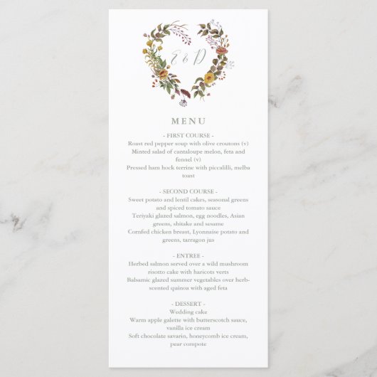 Rustieke Bloemen Sage Groene bruiloft diner Menu (Voorkant)