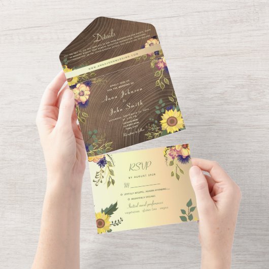 Rustieke Bloemen Schuur Hout Wedding All In One Uitnodiging (Afscheurbaar)