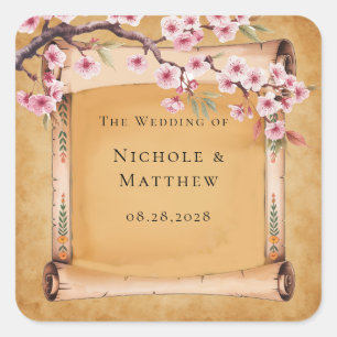 Rustieke Bloemen Scroll Kersenbloesem Huwelijk Vierkante Sticker