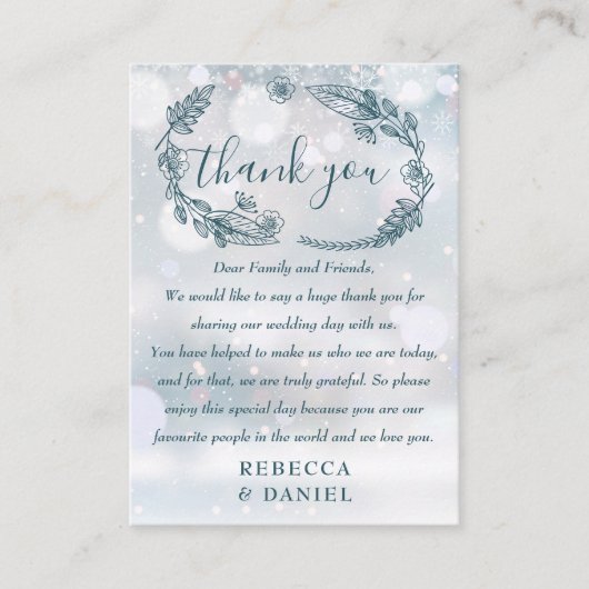 Rustieke bloemen sneeuwvlokken winter bruiloft dan plaatskaartje (Voorkant)
