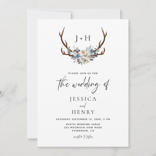 Rustieke Bloemen Stag Antlers bruiloft Kaart (Voorkant)