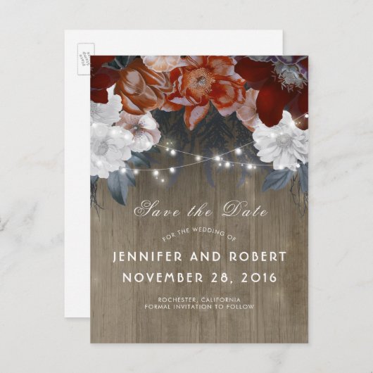 Rustieke Bloemen String Lights Barn Save the Date Aankondigingskaart (Voorkant / Achterkant)