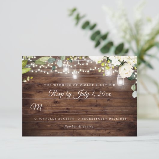 Rustieke Bloemen String Lights Huwelijk RSVP Kaart (Staand voorkant)