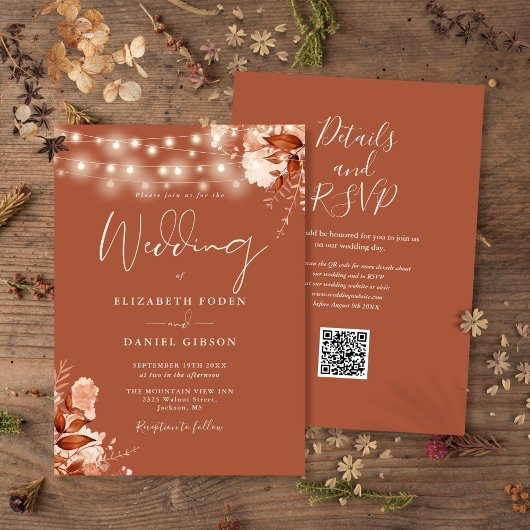 Rustieke Bloemen String Lights QR Code Herfst Brui Kaart