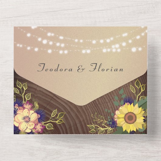 Rustieke Bloemen String Lights Wedding All In One Uitnodiging (Achterkant)