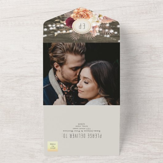 Rustieke Bloemen String Lights Wedding All In One Uitnodiging (Buitenkant)