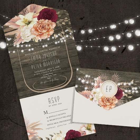 Rustieke Bloemen String Lights Wedding All In One Uitnodiging