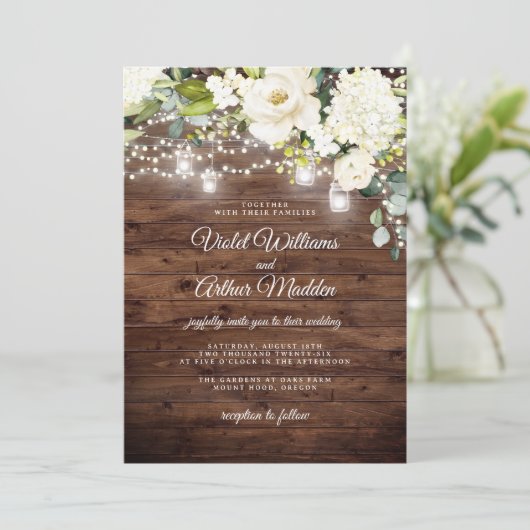 Rustieke Bloemen String Lights Wedding Kaart (Staand voorkant)