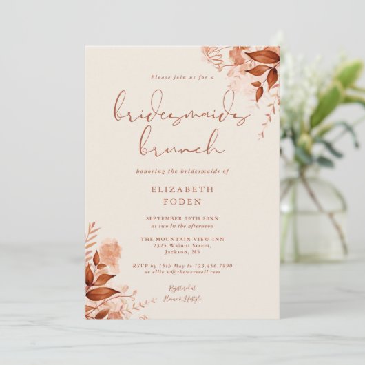 Rustieke Bloemen Terracotta Bruidsmeisjes Brunch Kaart (Staand voorkant)