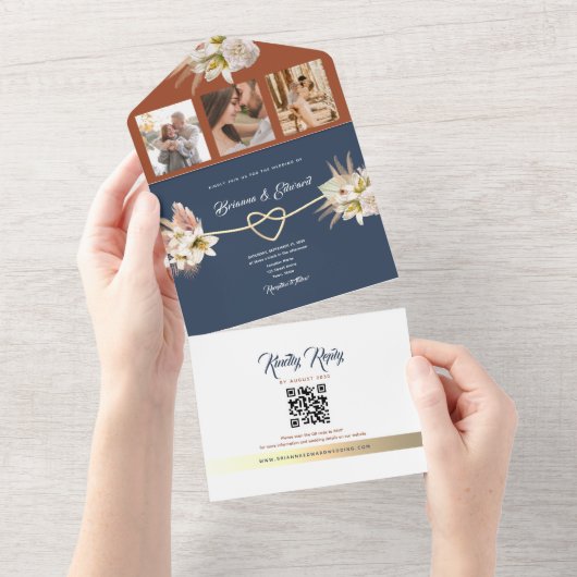 Rustieke Bloemen Terracotta Marine Blauwe Huwelijk All In One Uitnodiging (Afscheurbaar)