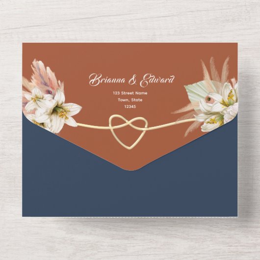 Rustieke Bloemen Terracotta Marine Blauwe Huwelijk All In One Uitnodiging (Achterkant)