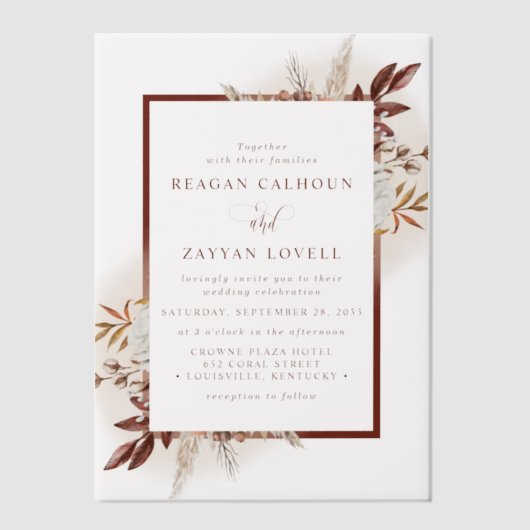 Rustieke Bloemen Terracotta Pampas Grass Boho Wedd Vellum Uitnodigingen (Voorkant)