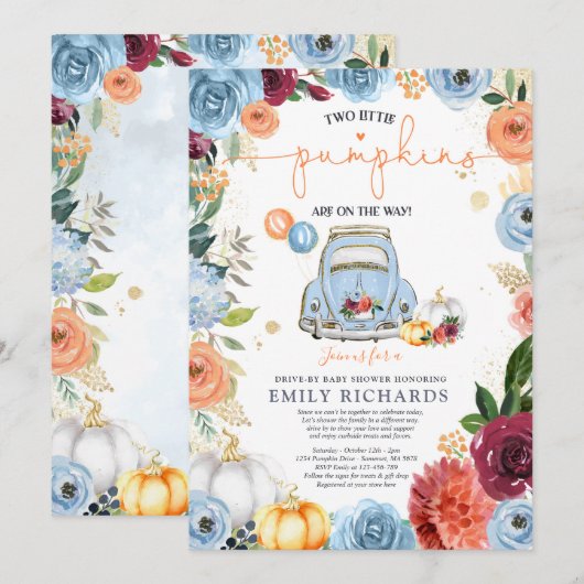 Rustieke Bloemen Twin Pompoen Drive door Baby show Kaart (Voorkant / Achterkant)