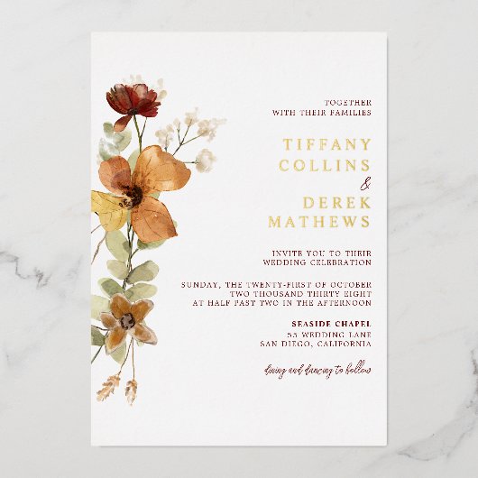 Rustieke Bloemen Verbrande Sinaasappel Herfst Brui Folie Uitnodiging (Voorkant)