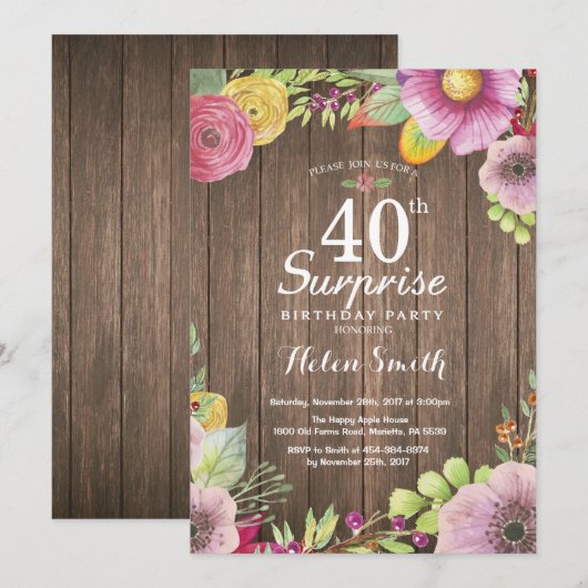Rustieke Bloemen Verrassing 40e verjaardag Uitnodi Kaart (Voorkant / Achterkant)