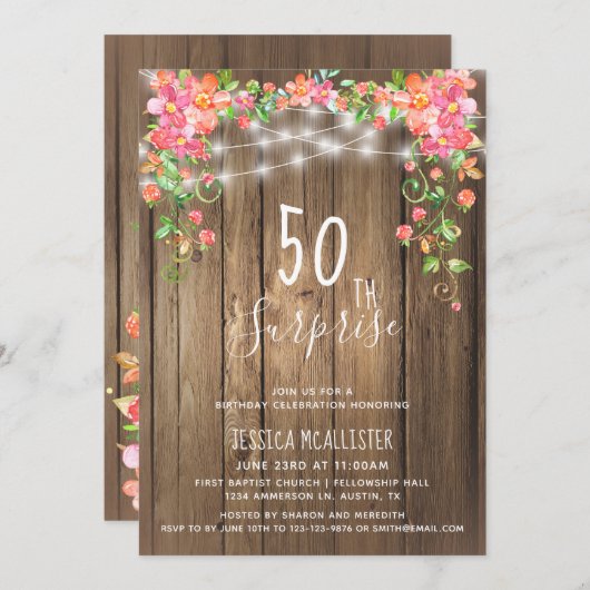 Rustieke Bloemen Verrassing 50e Verjaardag Uitnodi Kaart (Voorkant / Achterkant)