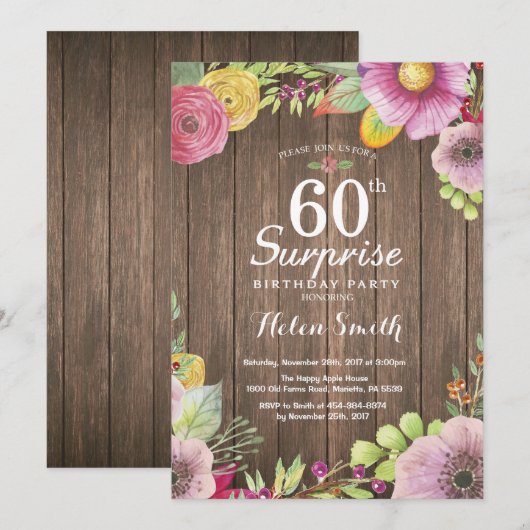 Rustieke Bloemen Verrassing 60e verjaardag Uitnodi Kaart (Voorkant / Achterkant)