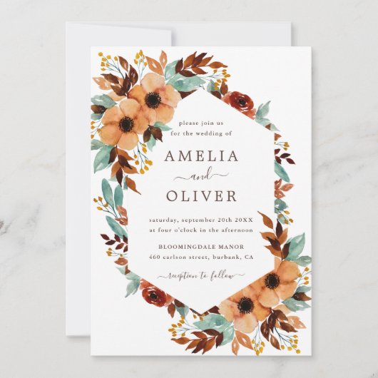 Rustieke Bloemen Waterverf Wit en Mint Bruiloft Kaart (Voorkant)