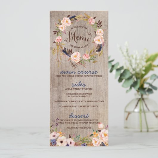 Rustieke Bloemen Wedding Menu Kaarten (Staand voorkant)