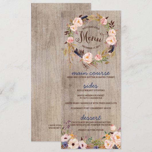 Rustieke Bloemen Wedding Menu Kaarten (Voorkant / Achterkant)
