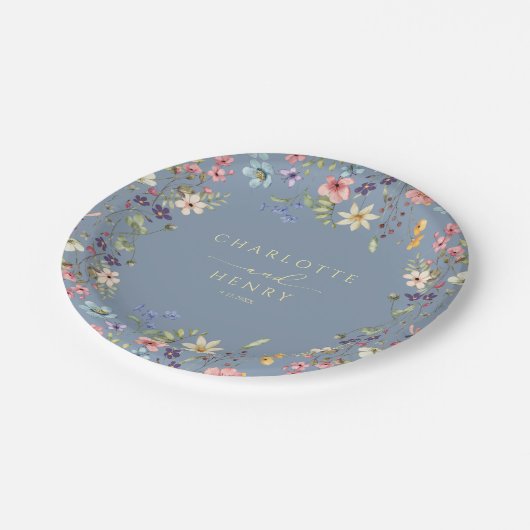 Rustieke Bloemen Wilde Bloemen Eenvoudige Blauwe H Papieren Bordje (Gekanteld)