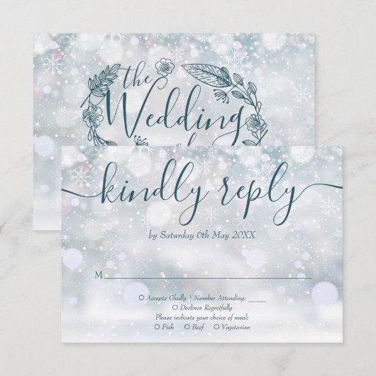 Rustieke Bloemen Winter Sneeuwvlokken Bruiloft RSVP Kaartje (Voorkant / Achterkant)